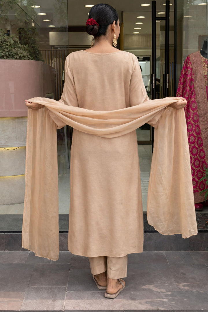 Trendy Chanderi Fabric Beige Color Readymade Salwar Suit