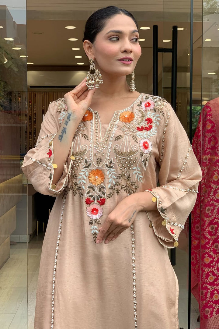 Trendy Chanderi Fabric Beige Color Readymade Salwar Suit