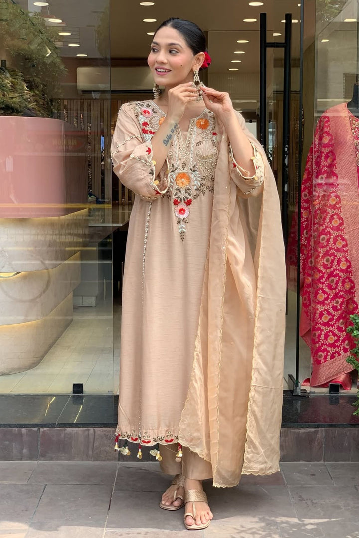 Trendy Chanderi Fabric Beige Color Readymade Salwar Suit