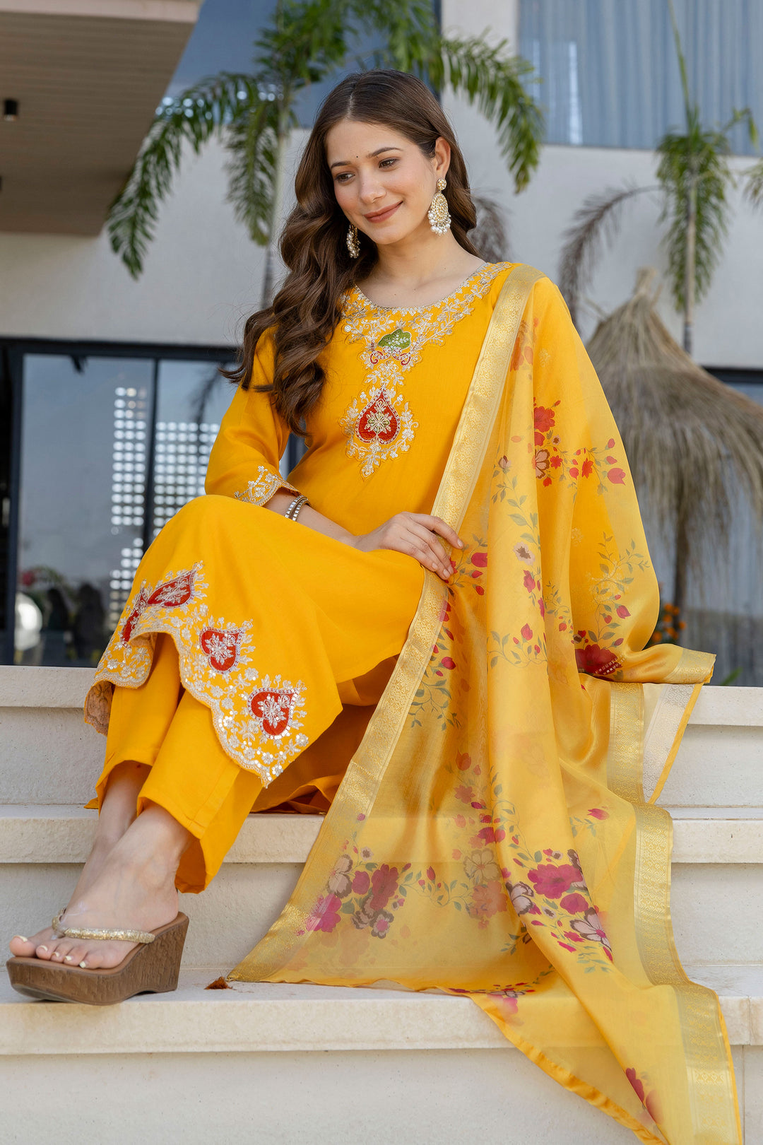 Chanderi Fabric Yellow Color Readymade Salwar Suit