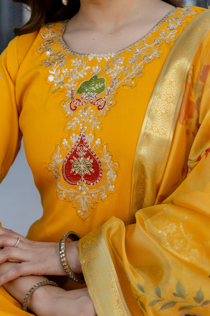 Chanderi Fabric Yellow Color Readymade Salwar Suit