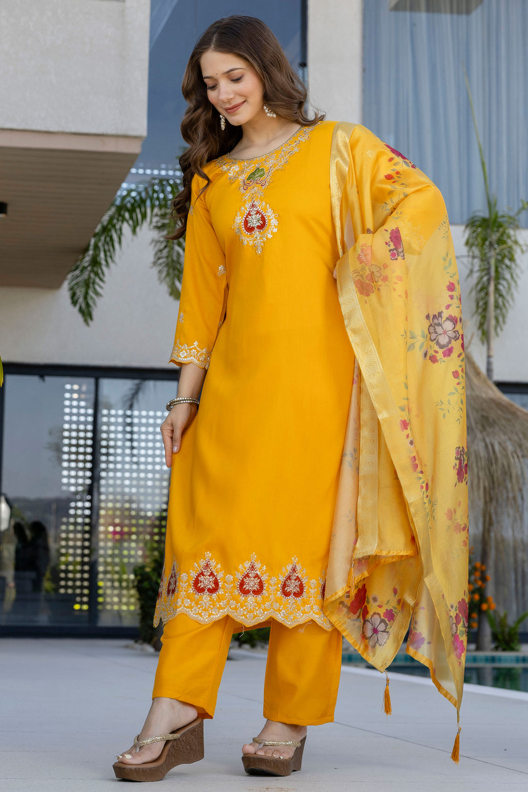 Chanderi Fabric Yellow Color Readymade Salwar Suit