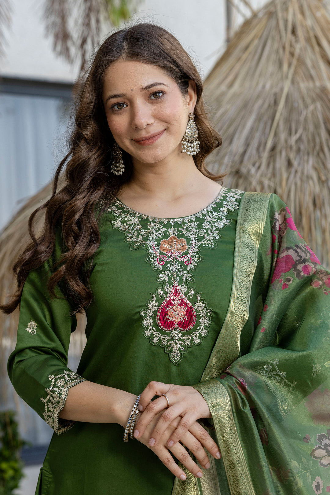 Chanderi Fabric Green Color Embroidered Readymade Salwar Suit