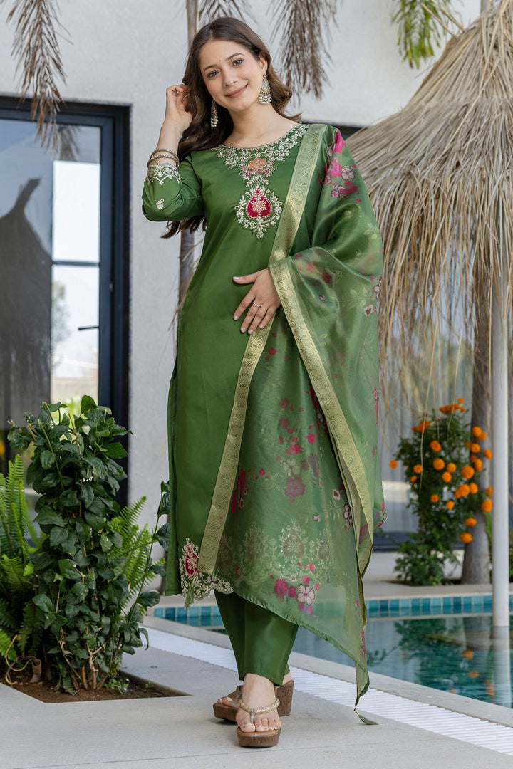 Chanderi Fabric Green Color Embroidered Readymade Salwar Suit