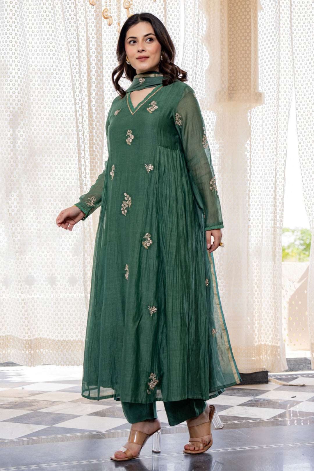 Trendy Green Chanderi Silk Readymade Salwar Suit