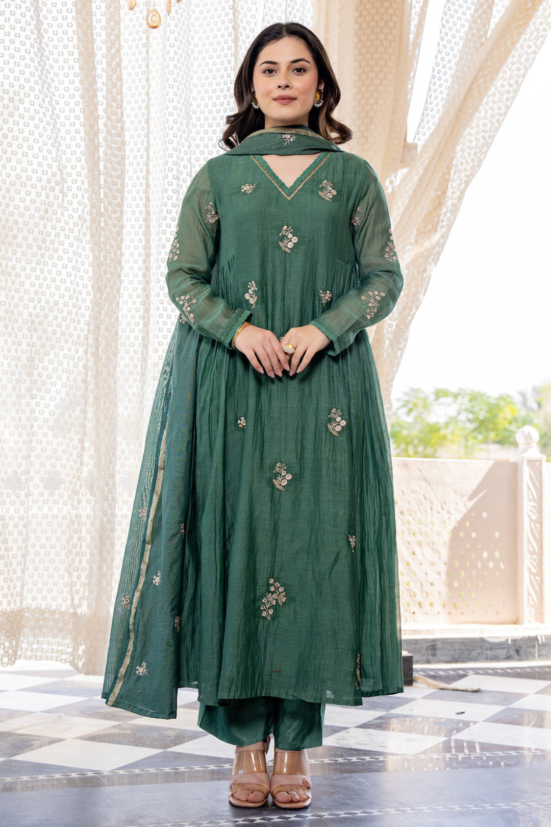 Trendy Green Chanderi Silk Readymade Salwar Suit