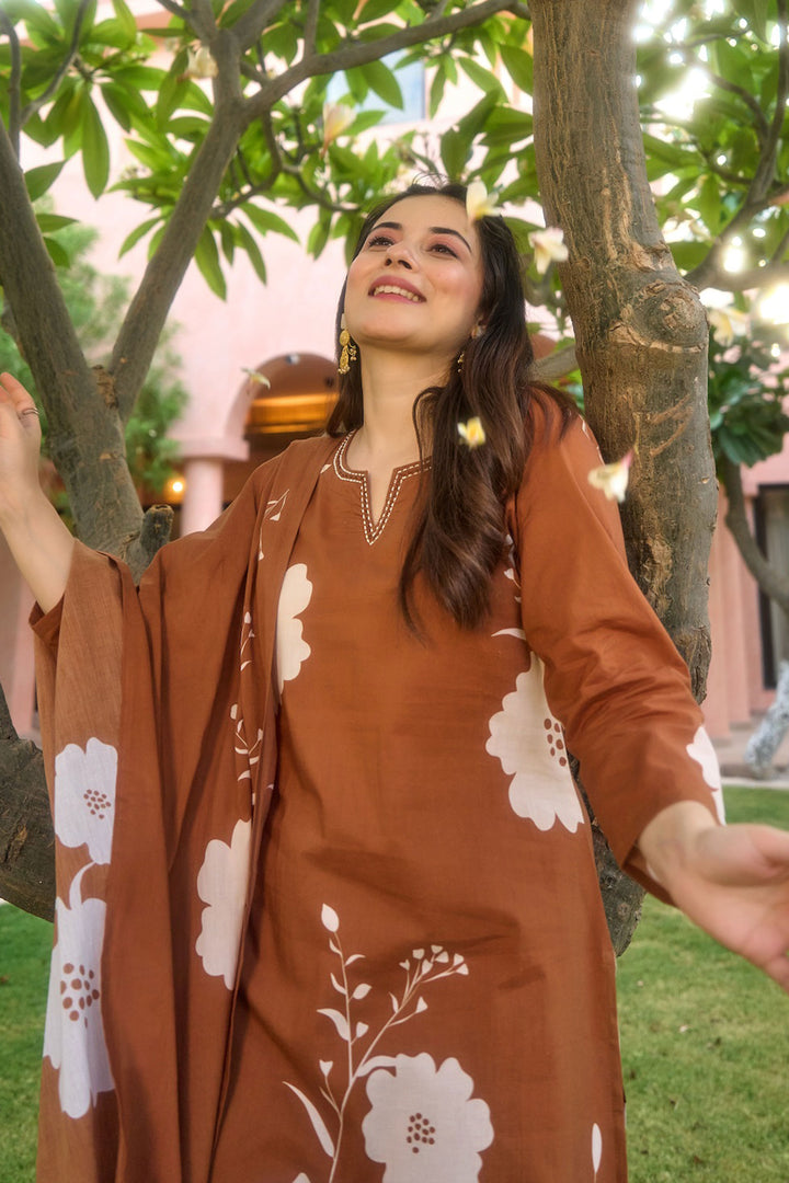 Attractive Muslin Fabric Brown Color Readymade Salwar Suit