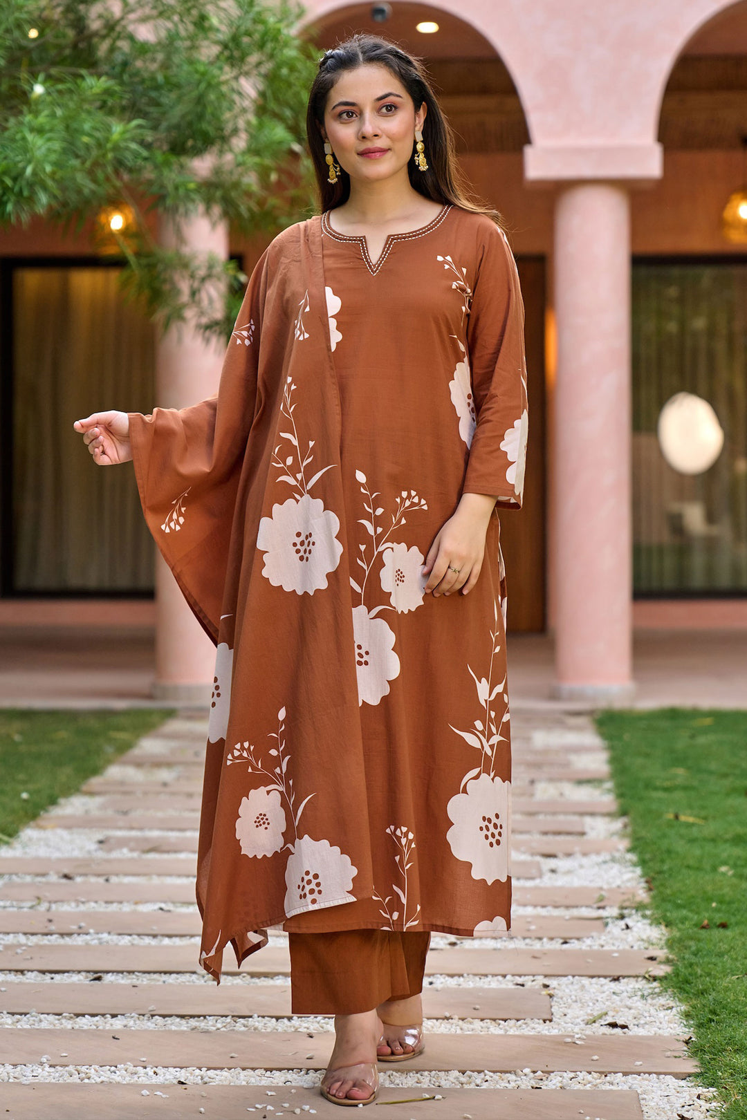 Attractive Muslin Fabric Brown Color Readymade Salwar Suit