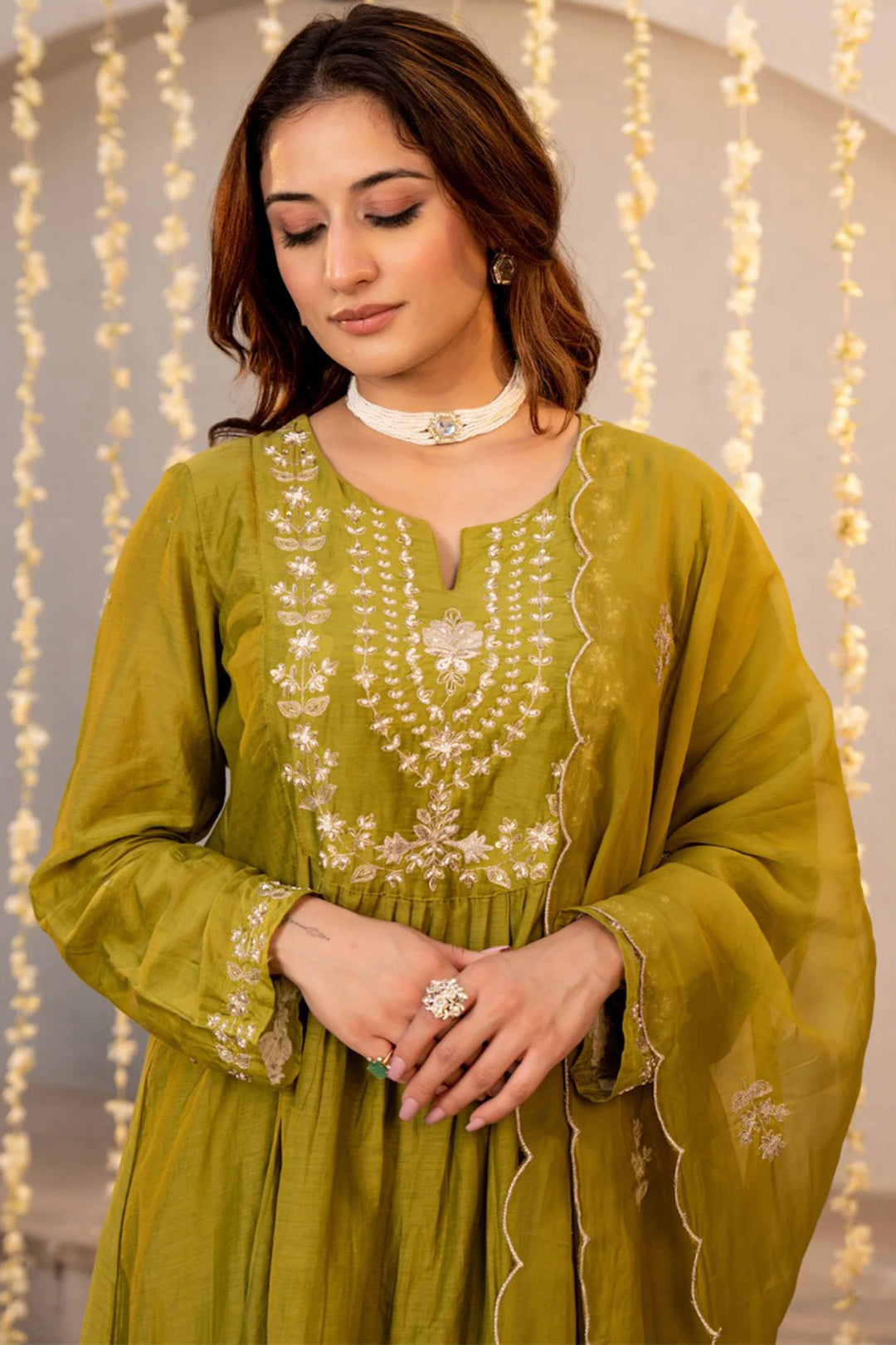Chanderi Silk Embroidered Green Color Readymade Salwar Suit