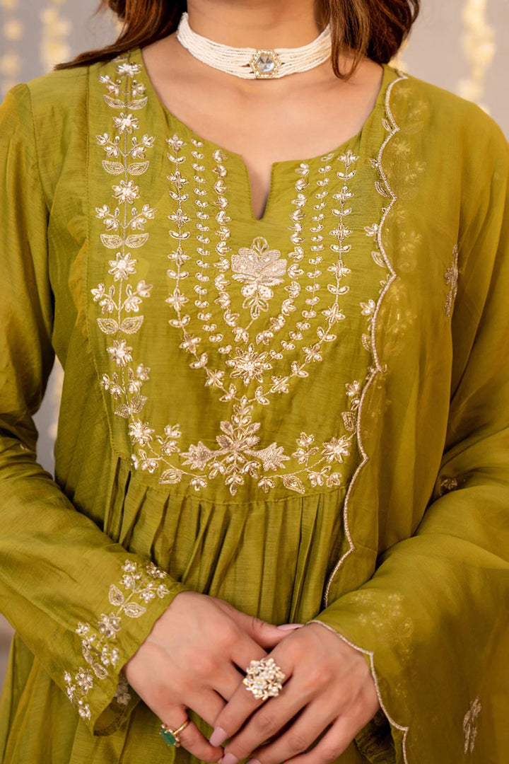 Chanderi Silk Embroidered Green Color Readymade Salwar Suit