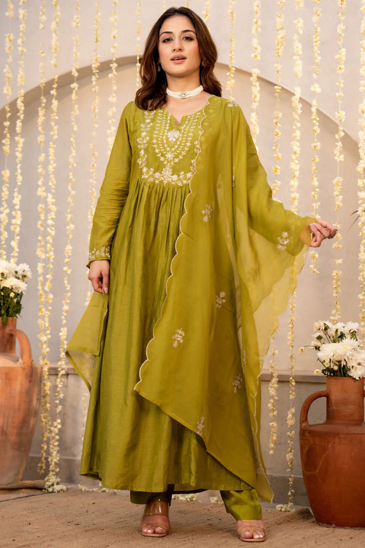 Chanderi Silk Embroidered Green Color Readymade Salwar Suit