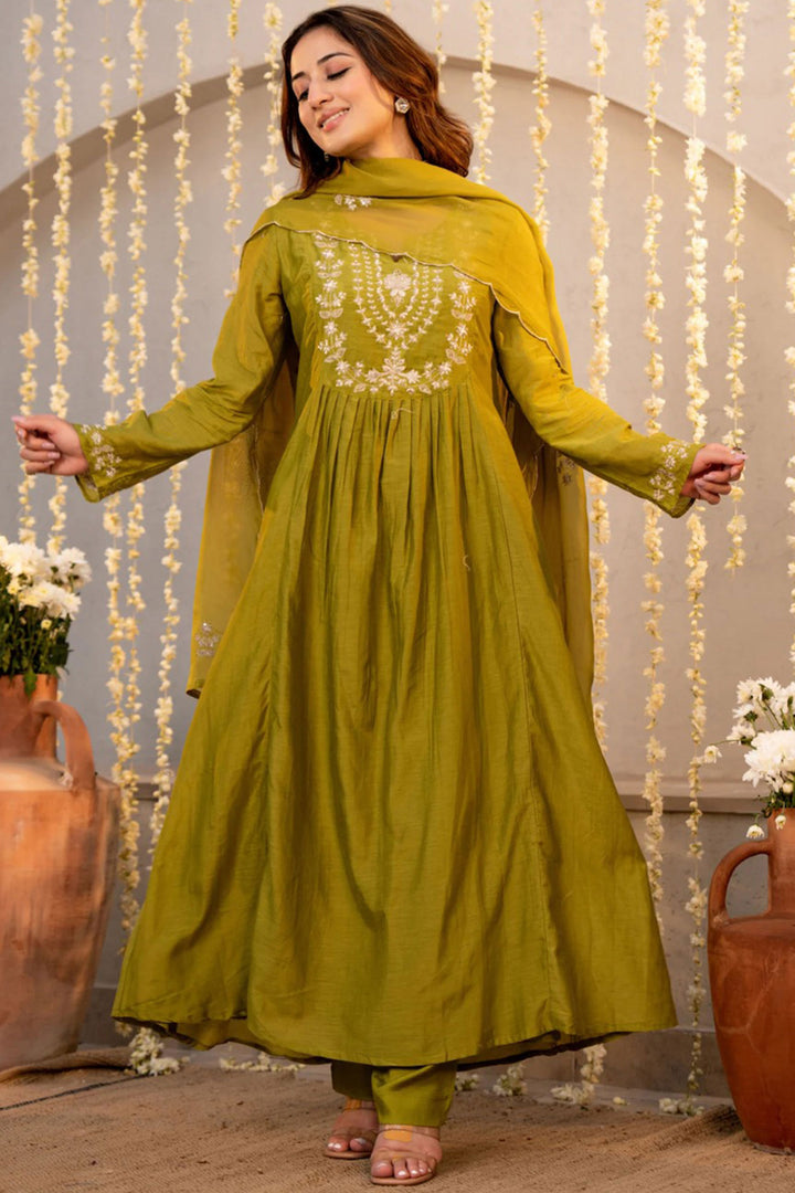 Chanderi Silk Embroidered Green Color Readymade Salwar Suit