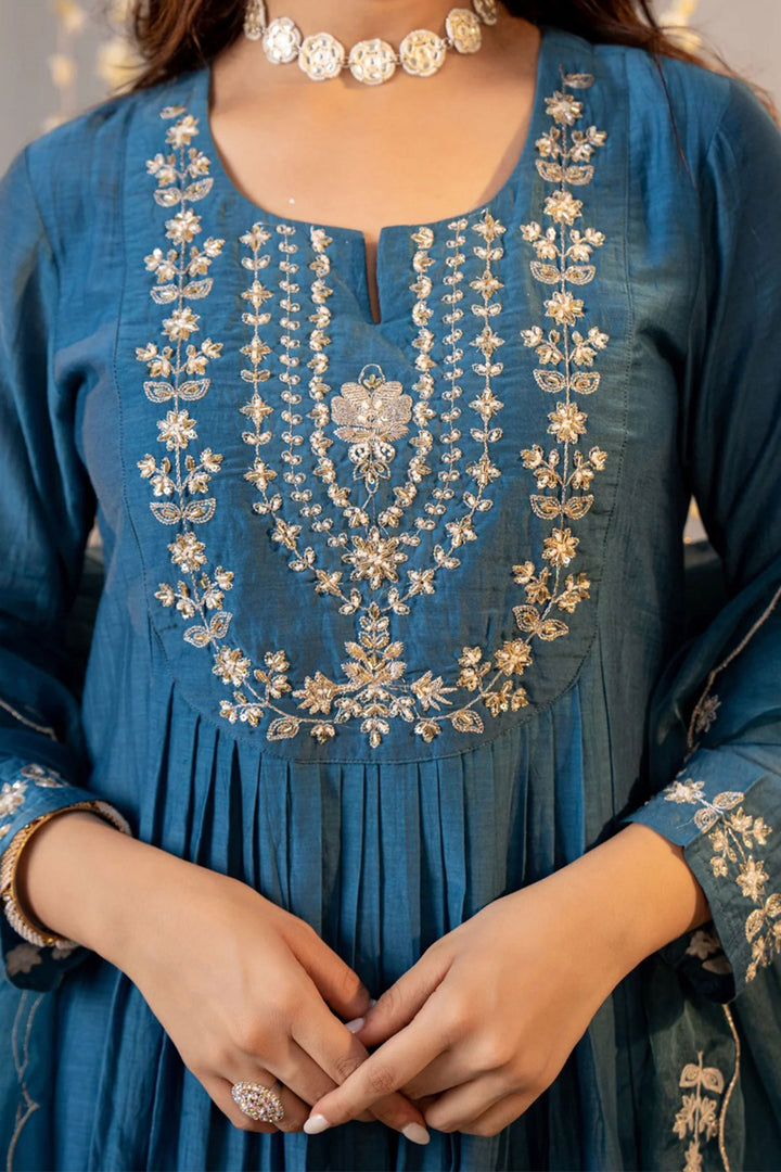 Chanderi Silk Teal Color Readymade Embroidered Salwar Suit