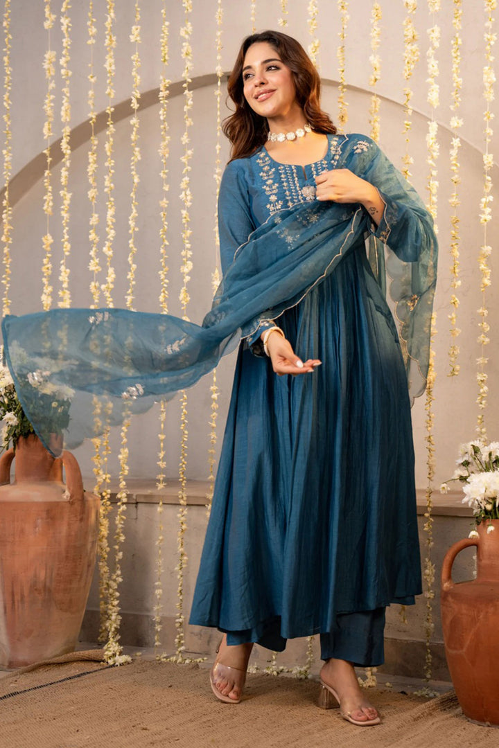 Chanderi Silk Teal Color Readymade Embroidered Salwar Suit
