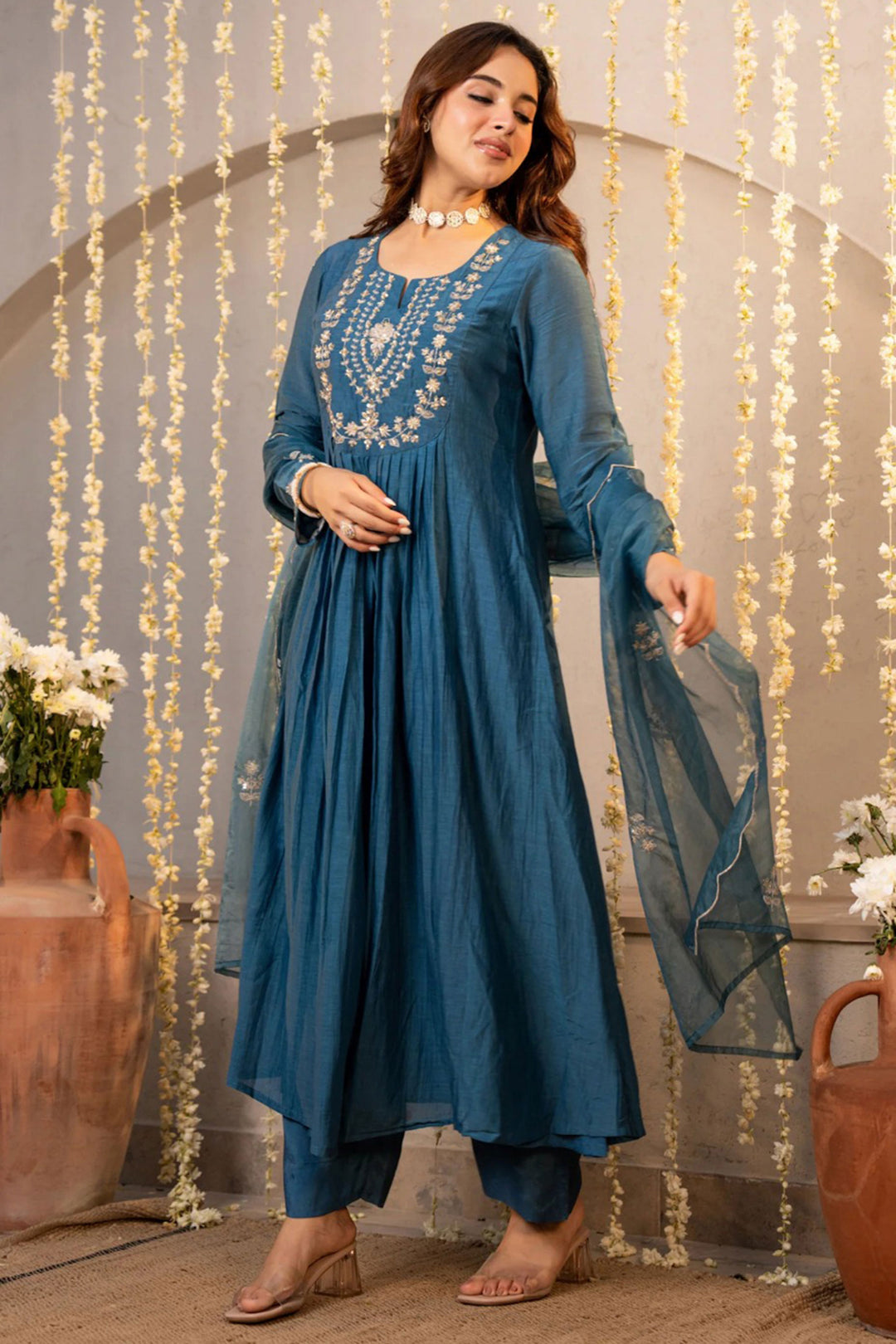 Chanderi Silk Teal Color Readymade Embroidered Salwar Suit