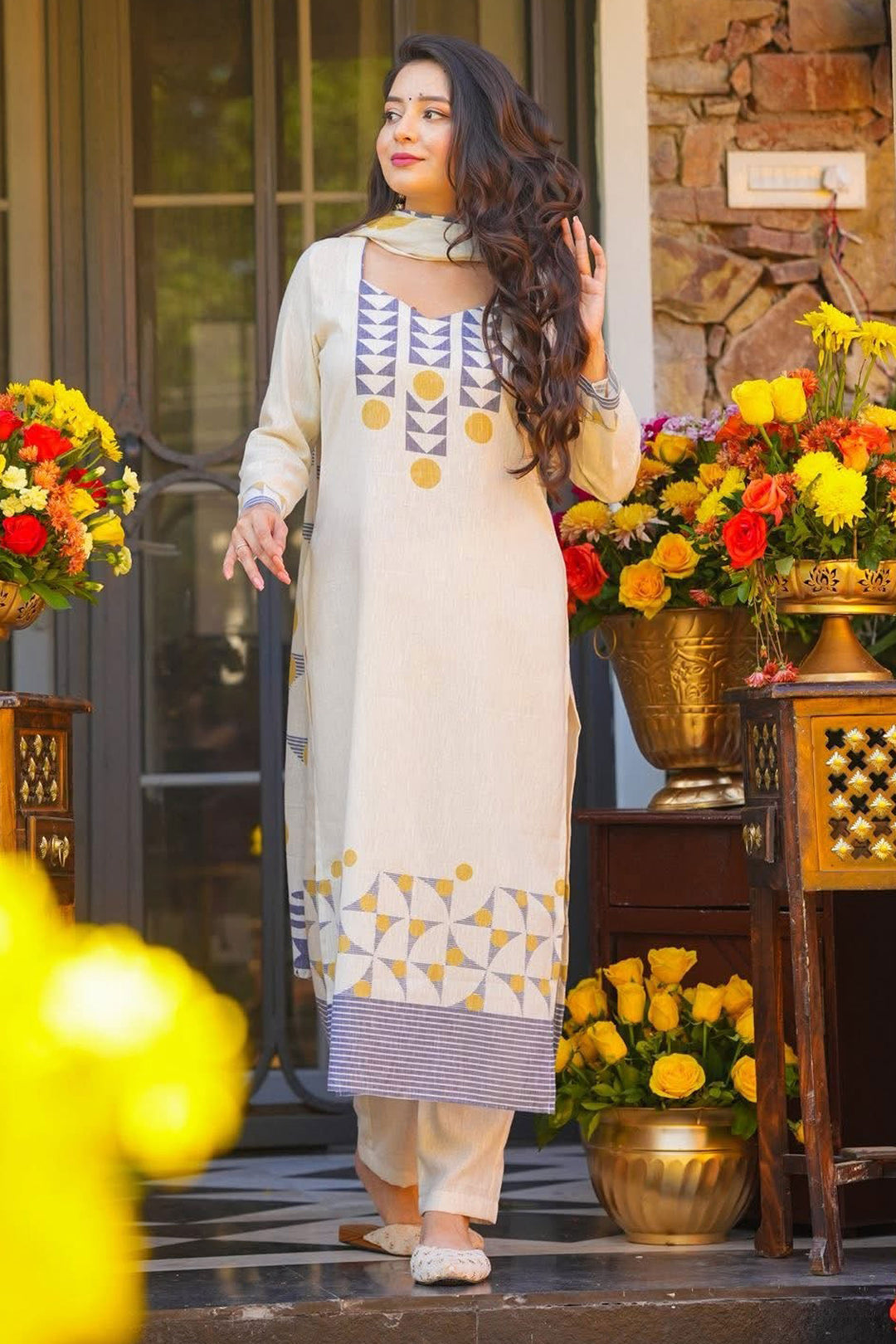 Beige Color Muslin Fabric Embroidered Readymade Salwar Suit