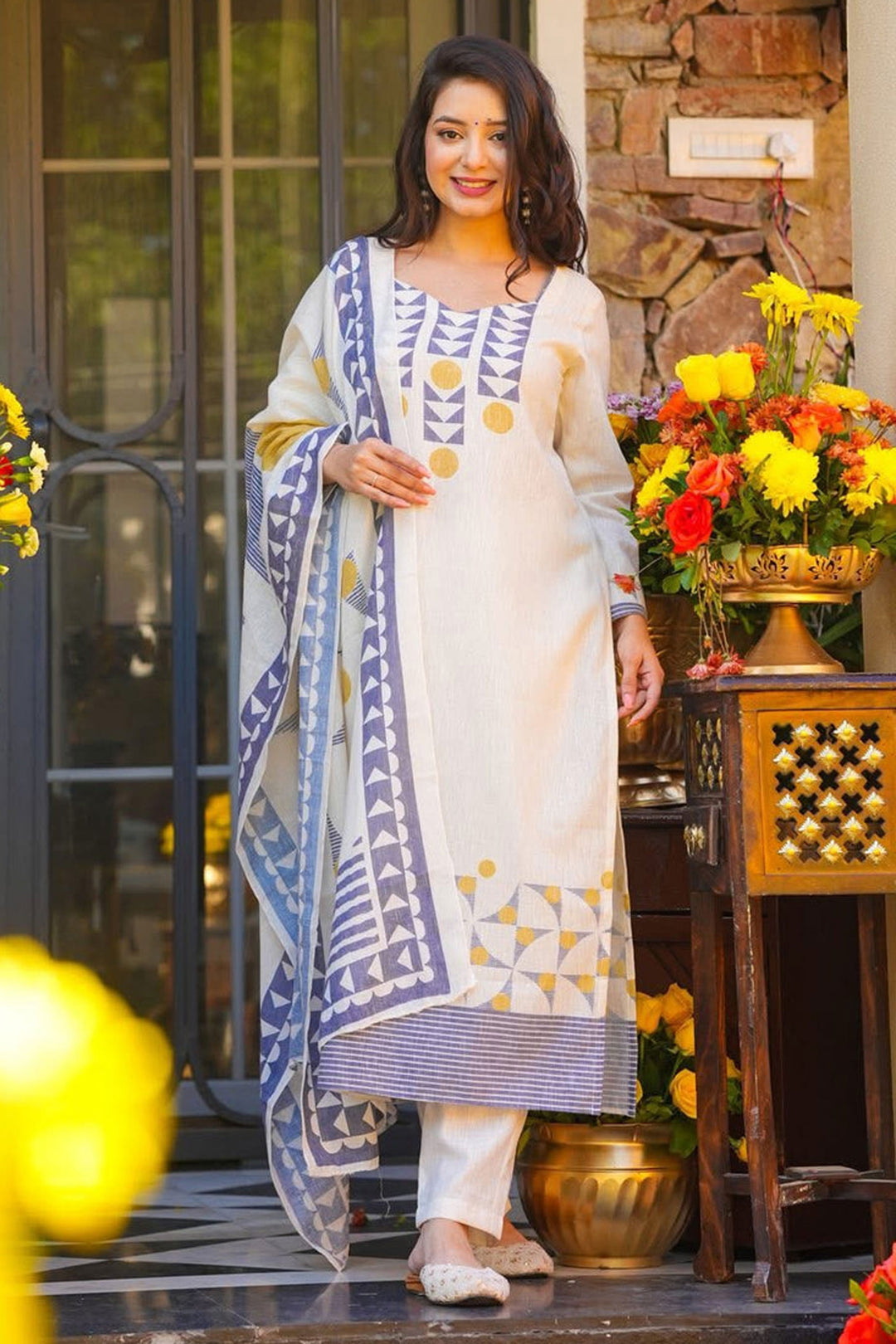 Beige Color Muslin Fabric Embroidered Readymade Salwar Suit