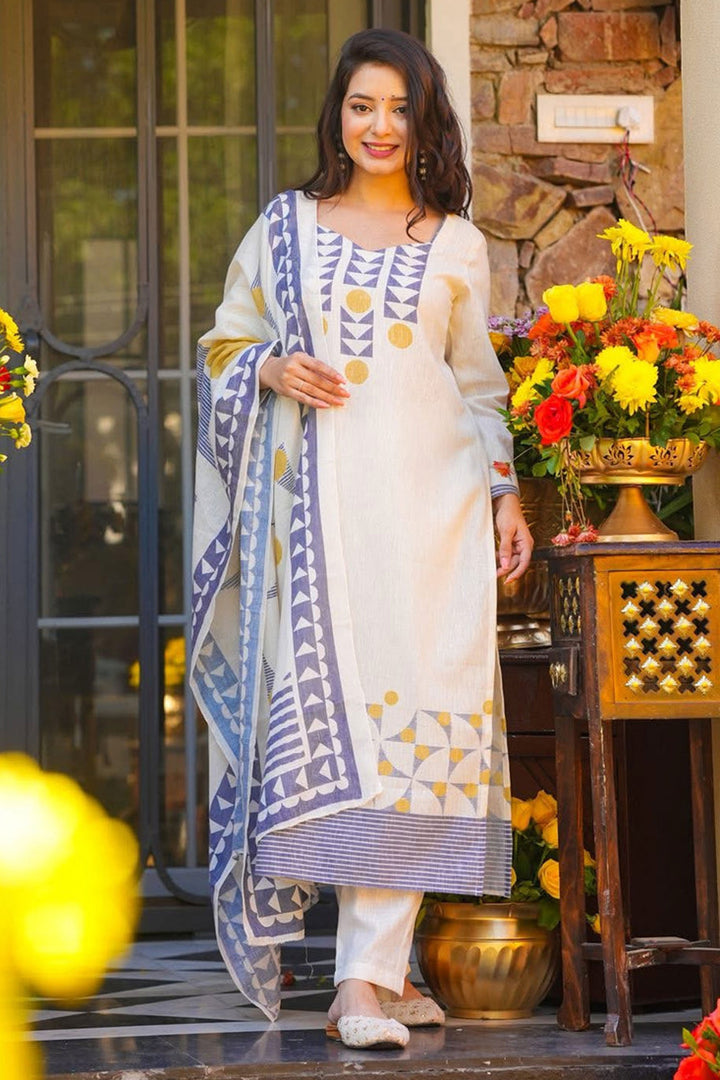Beige Color Muslin Fabric Embroidered Readymade Salwar Suit