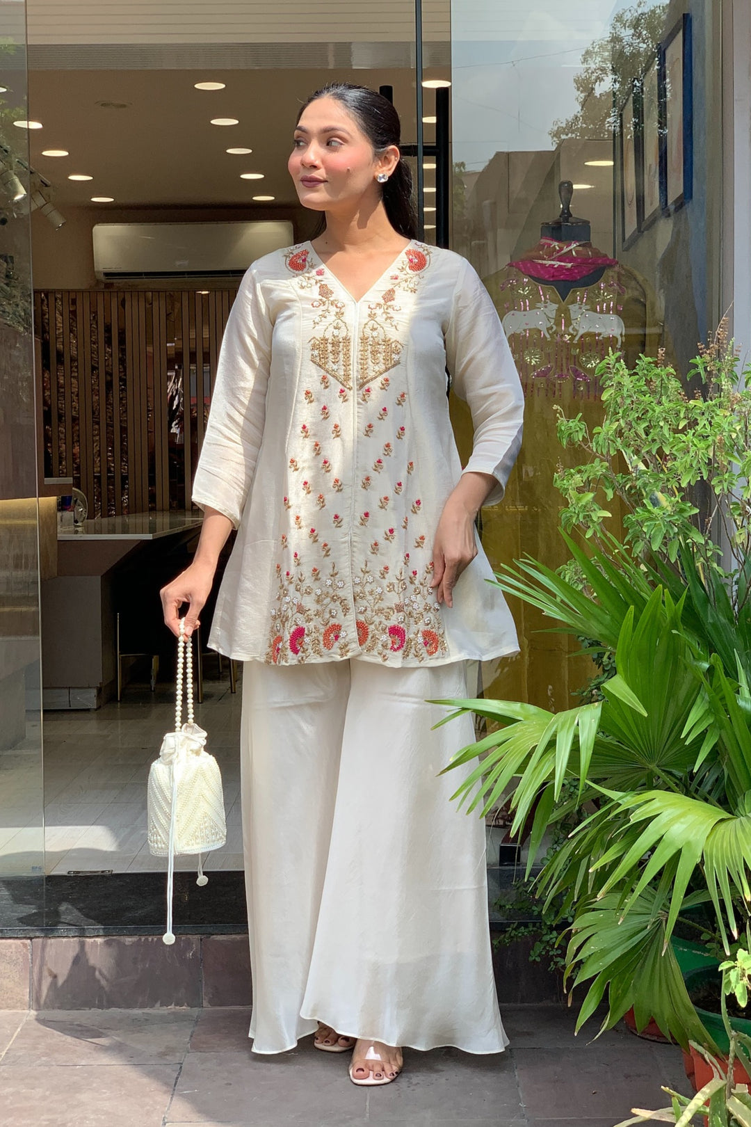 Off White Color Art Silk Fabric Readymade Top With Bottom