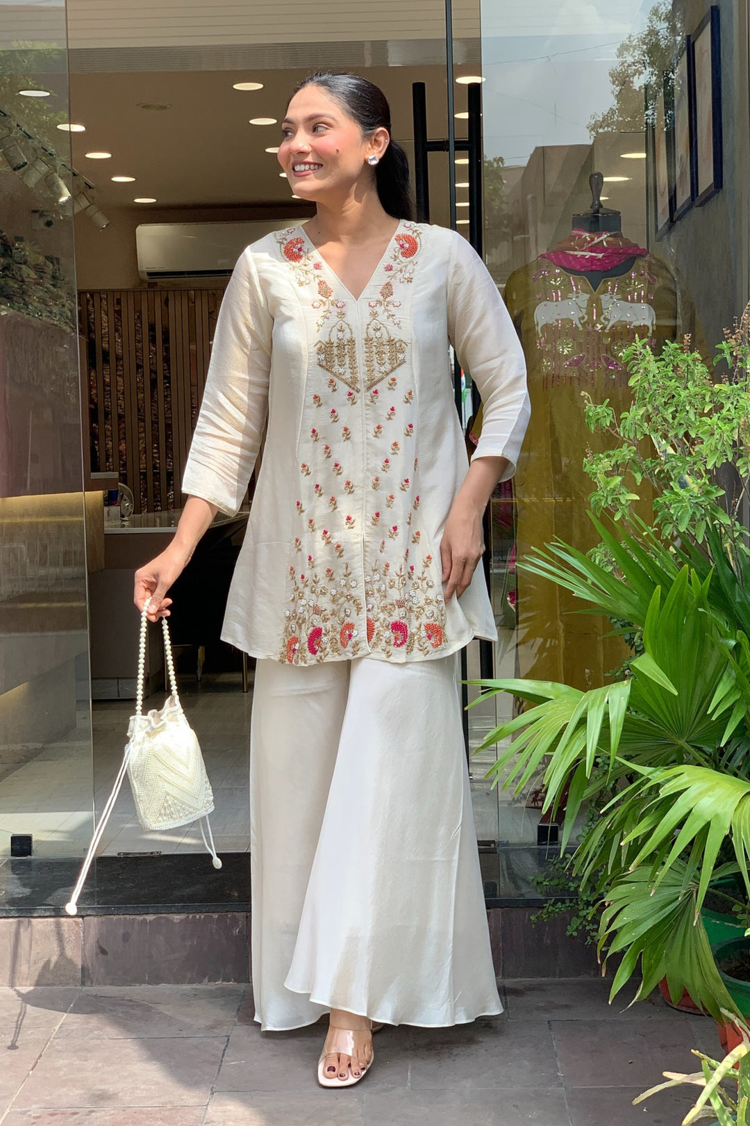 Off White Color Art Silk Fabric Readymade Top With Bottom