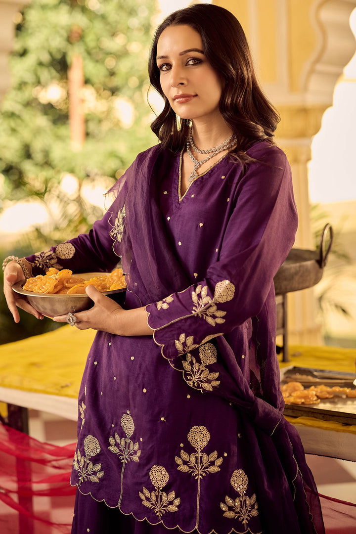Chanderi Silk Fabric Purple Color Readymade Palazzo Suit