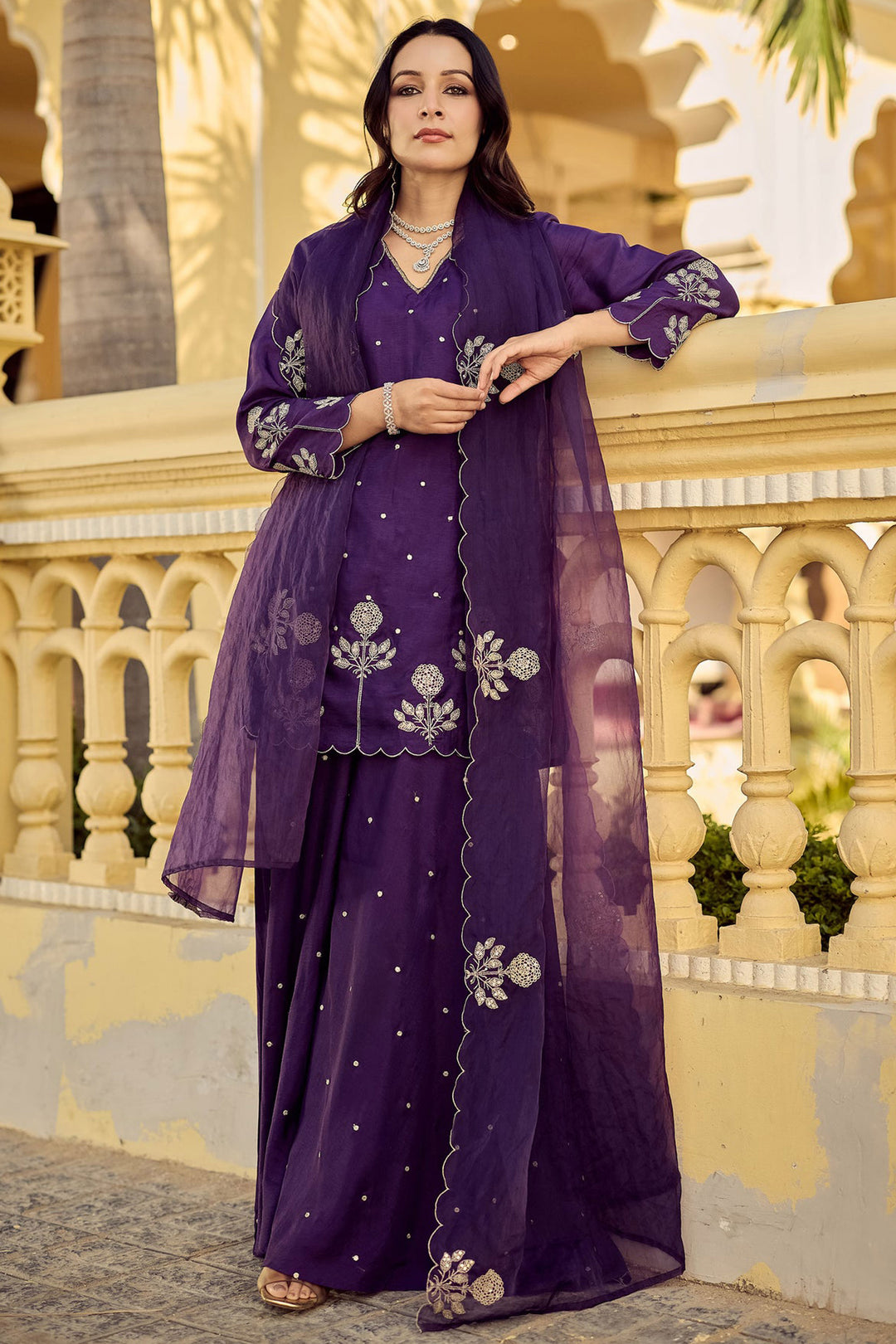 Chanderi Silk Fabric Purple Color Readymade Palazzo Suit