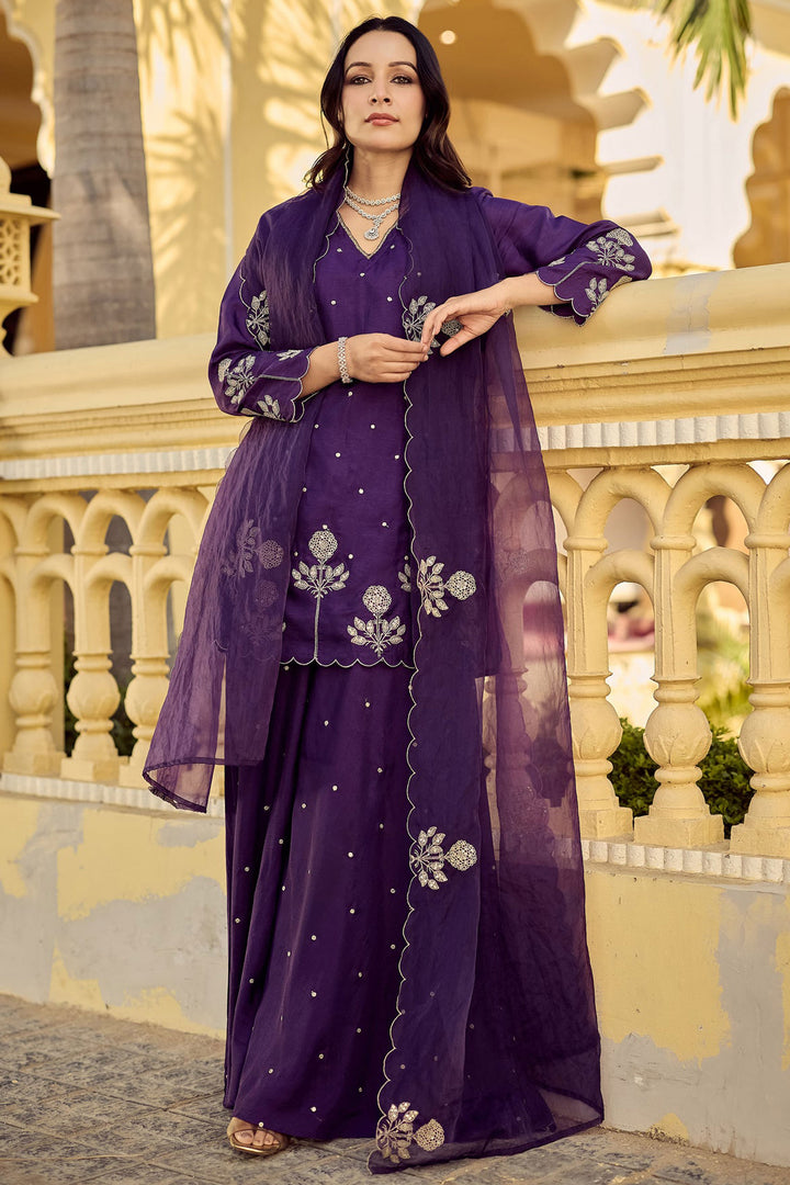 Chanderi Silk Fabric Purple Color Readymade Palazzo Suit