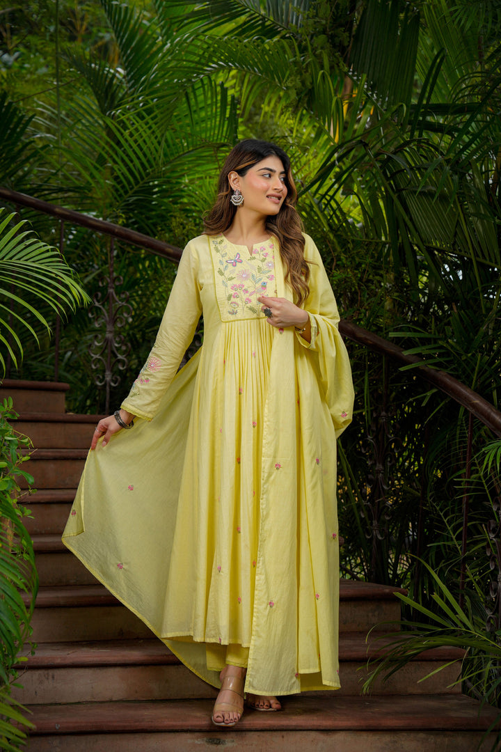 Chanderi Silk Fabric Readymade Salwar Suit In Yellow Color