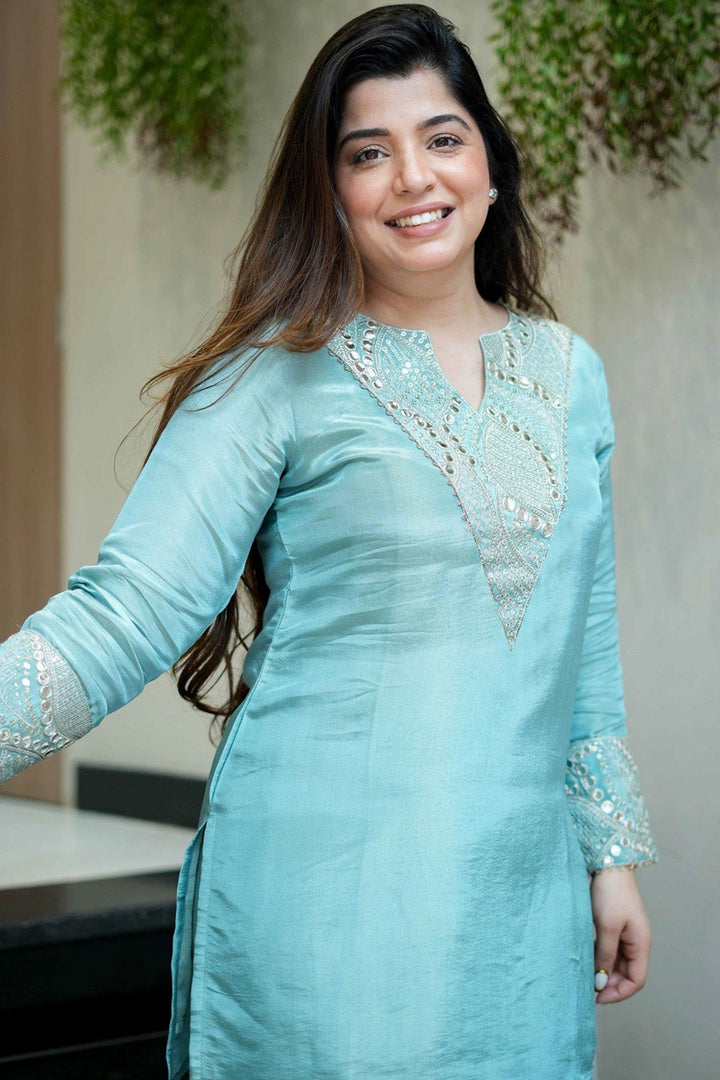 Art Silk Fabric Sky Blue Color Embroidered Top With Bottom