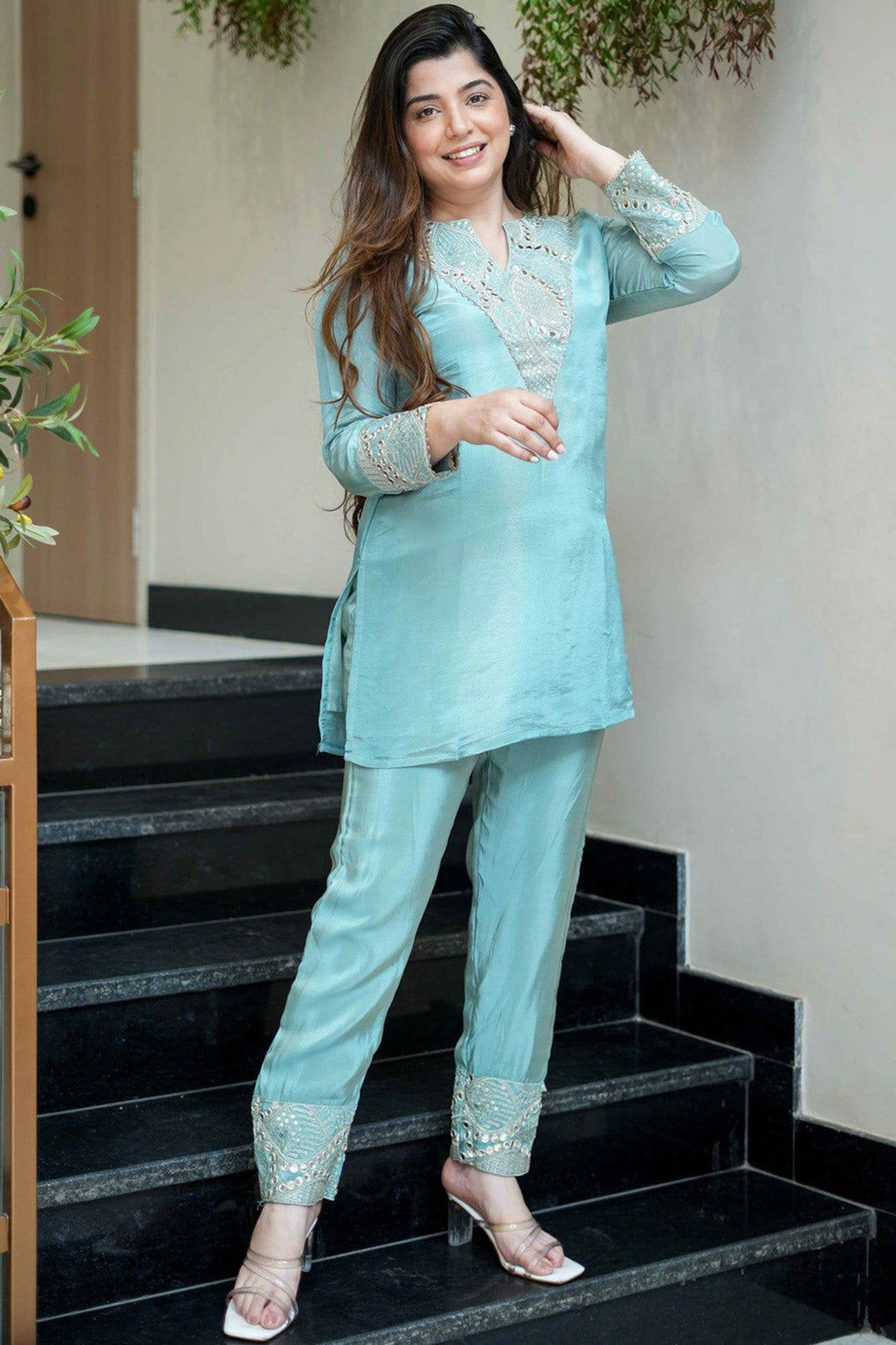 Art Silk Fabric Sky Blue Color Embroidered Top With Bottom