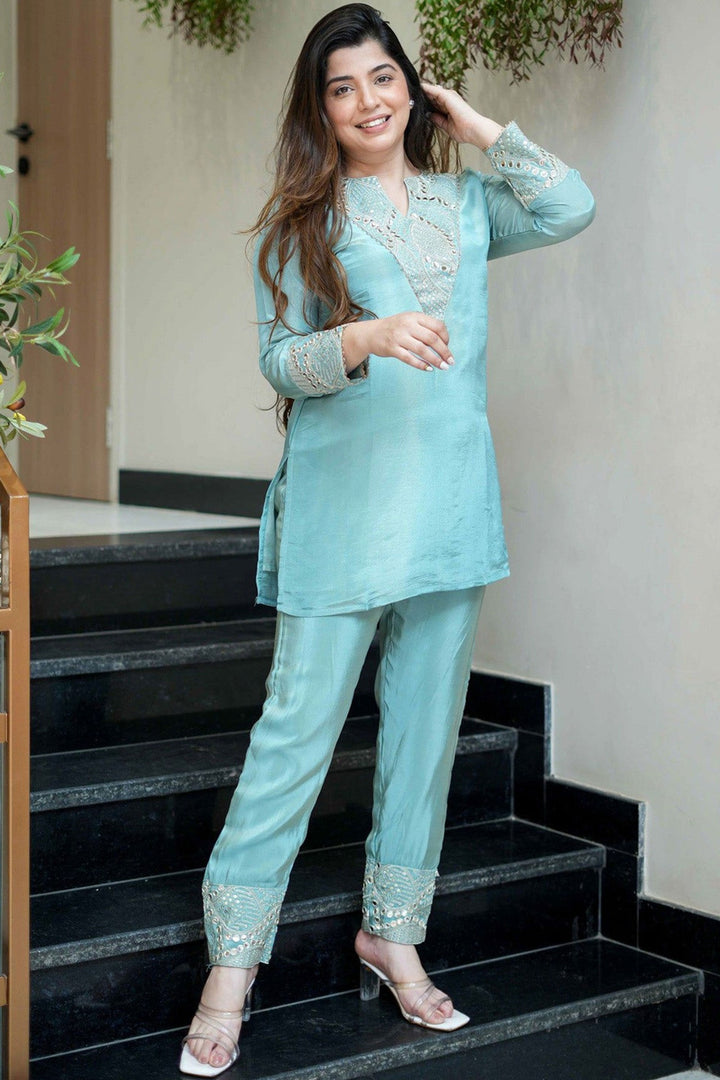 Art Silk Fabric Sky Blue Color Embroidered Top With Bottom