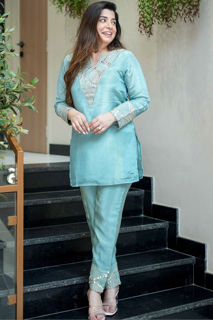 Art Silk Fabric Sky Blue Color Embroidered Top With Bottom