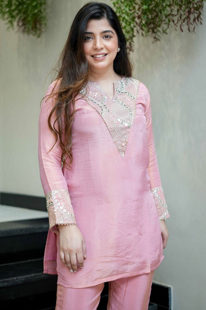 Art Silk Fabric Pink Color Readymade Top With Bottom