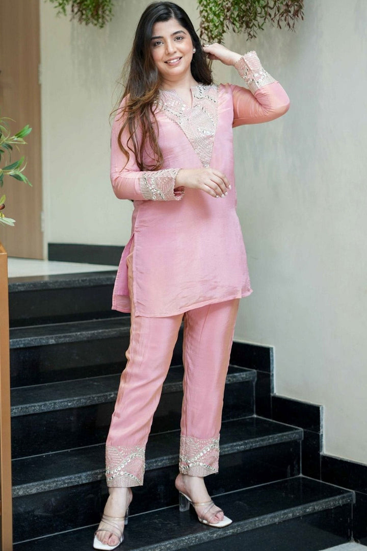Art Silk Fabric Pink Color Readymade Top With Bottom