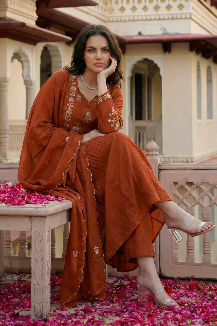 Chanderi Silk Fabric Orange Color Readymade Salwar Suit
