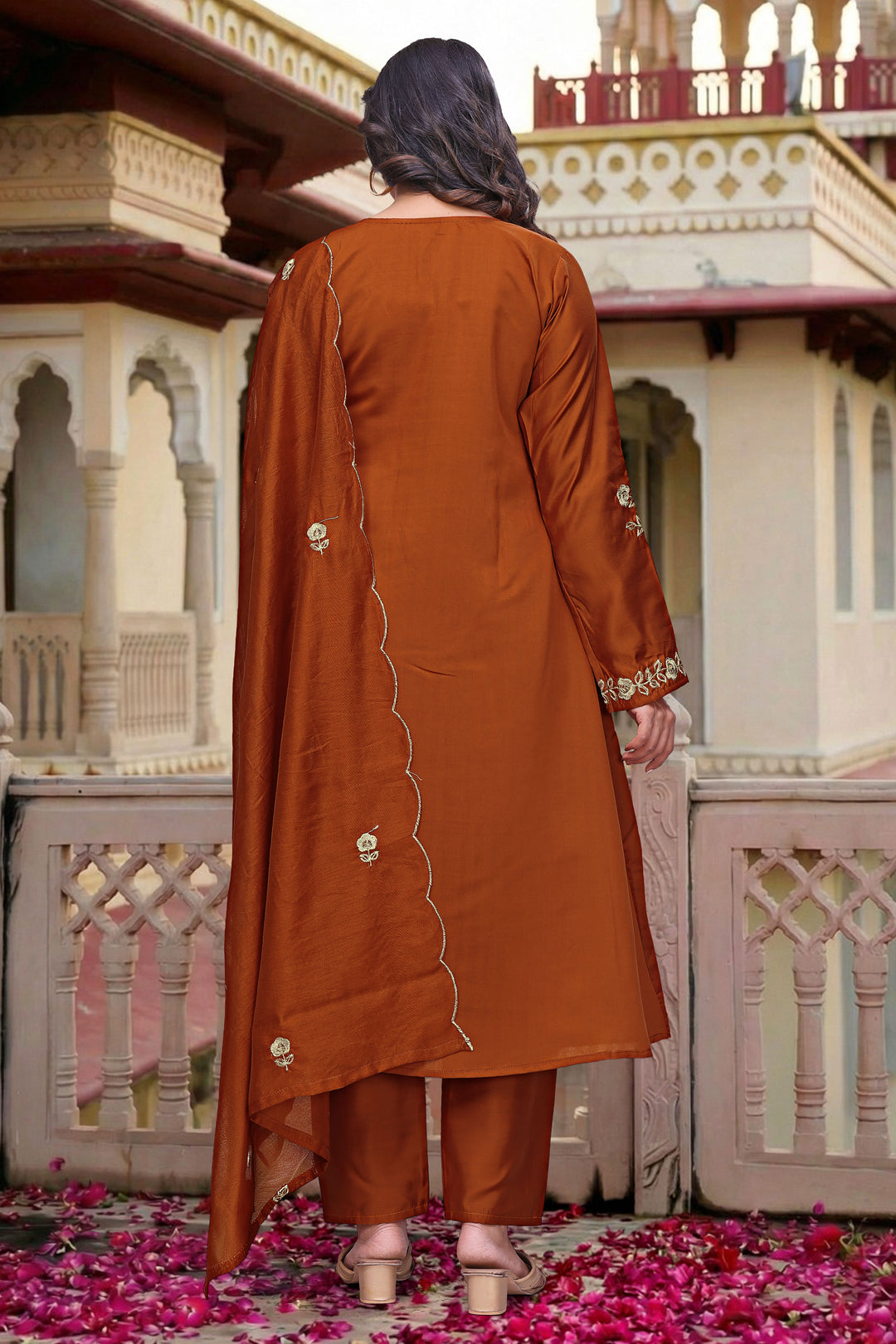 Chanderi Silk Fabric Orange Color Readymade Salwar Suit