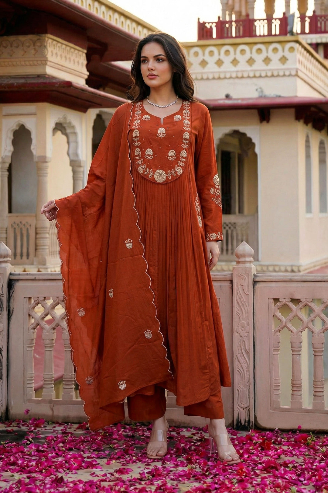 Chanderi Silk Fabric Orange Color Readymade Salwar Suit
