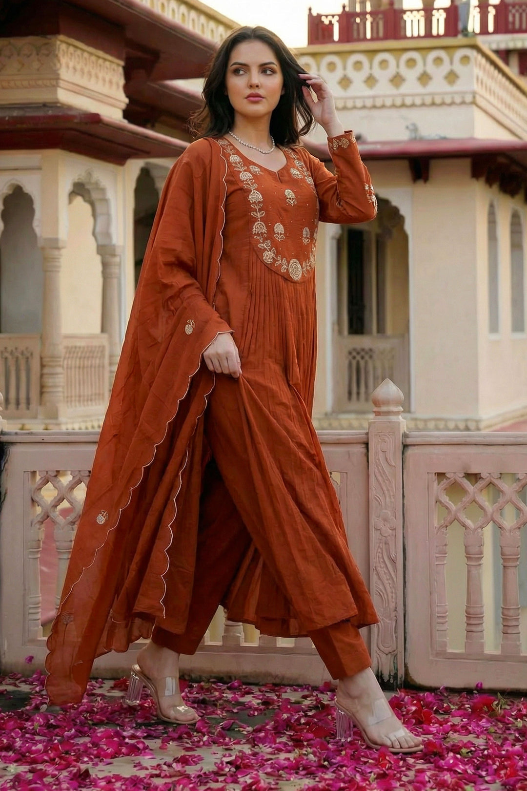 Chanderi Silk Fabric Orange Color Readymade Salwar Suit