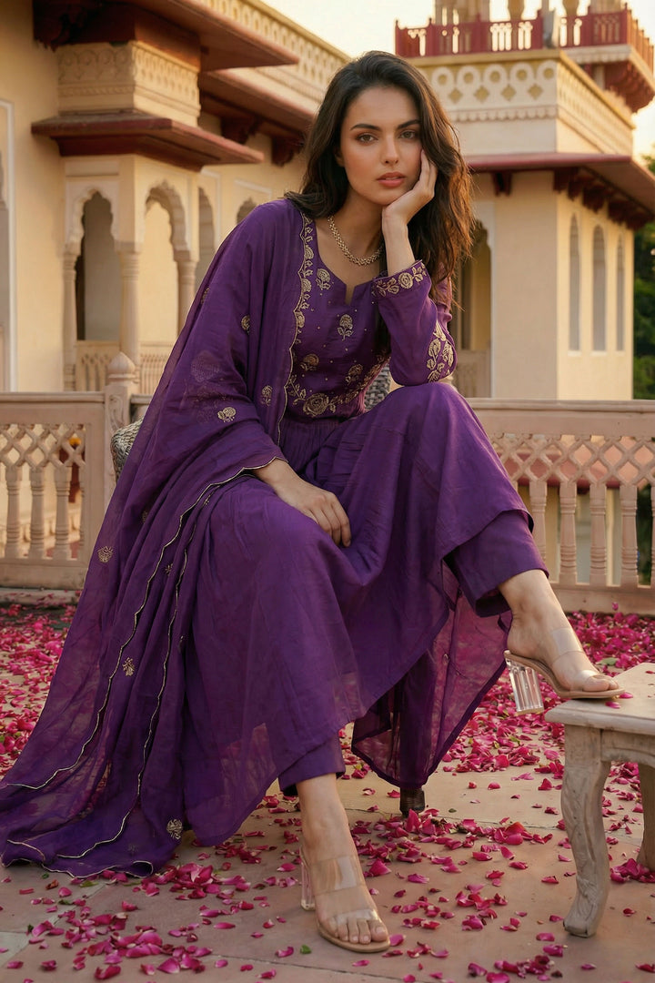 Purple Color Chanderi Silk Fabric Readymade Salwar Suit