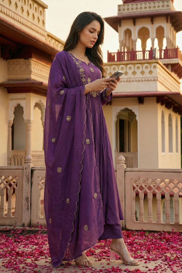 Purple Color Chanderi Silk Fabric Readymade Salwar Suit