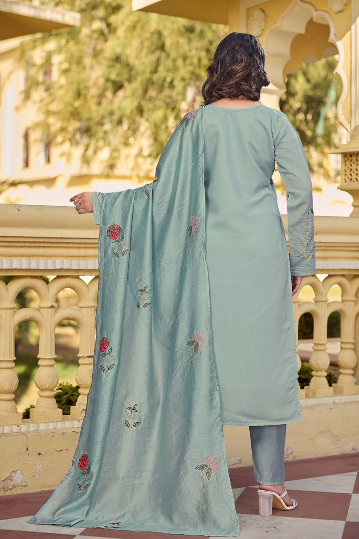 Light Cyan Color Readymade Salwar Suit In Chanderi Silk Fabric