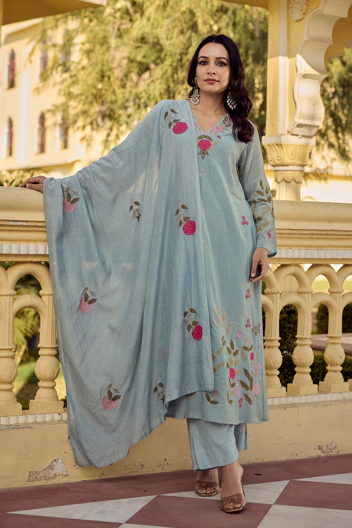 Light Cyan Color Readymade Salwar Suit In Chanderi Silk Fabric