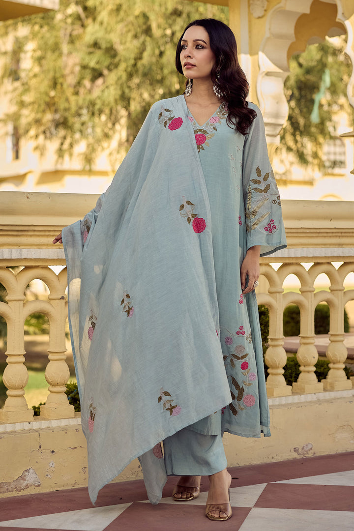 Light Cyan Color Readymade Salwar Suit In Chanderi Silk Fabric