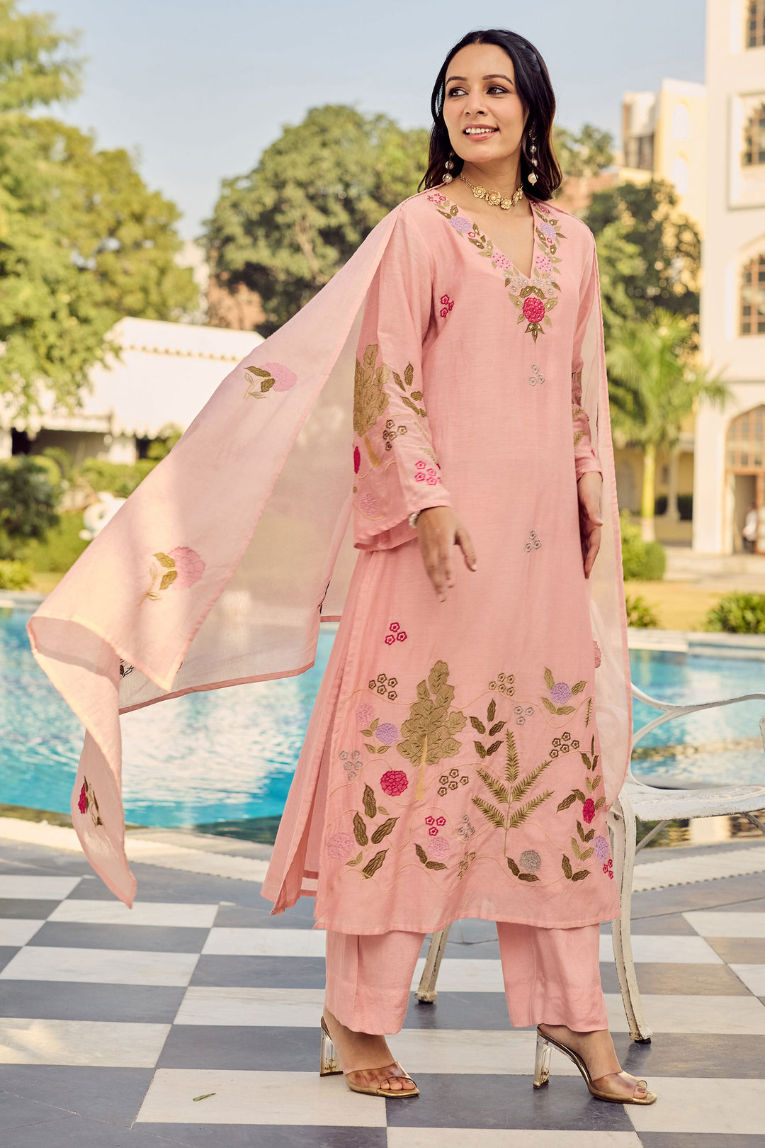 Peach Color Chanderi Silk Fabric Readymade Salwar Suit