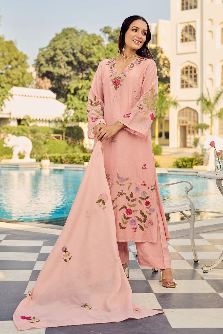 Peach Color Chanderi Silk Fabric Readymade Salwar Suit