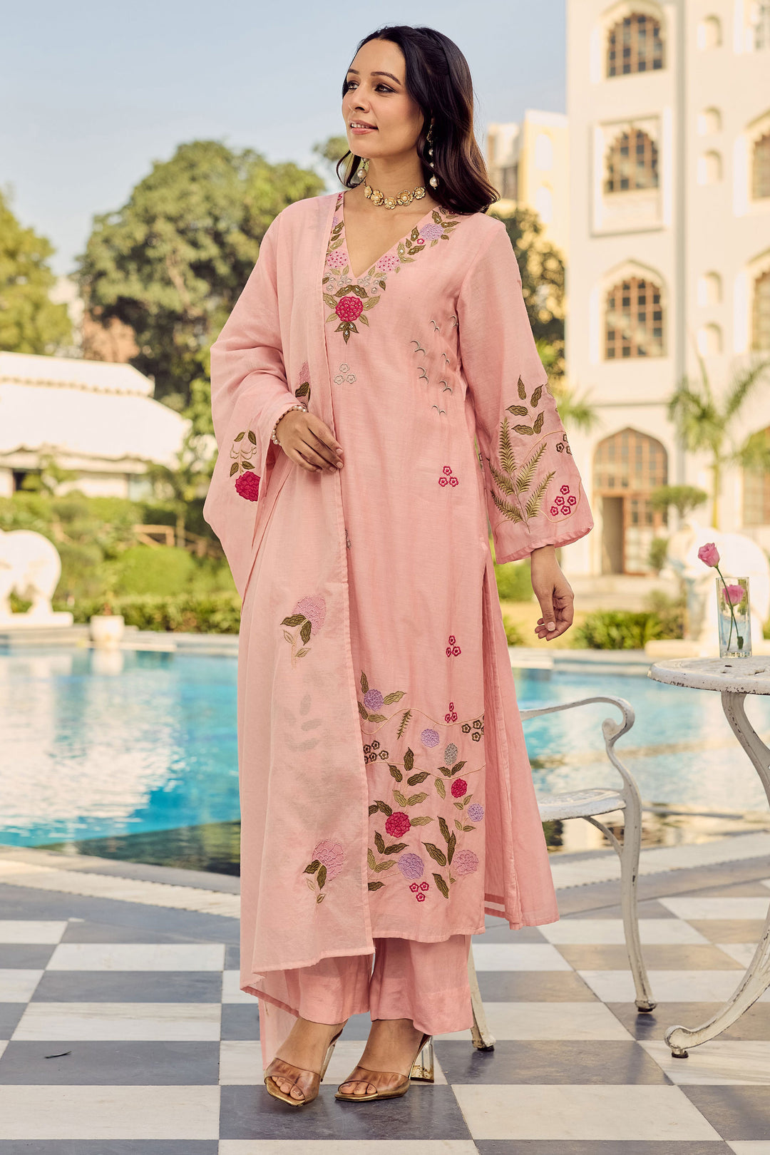 Peach Color Chanderi Silk Fabric Readymade Salwar Suit