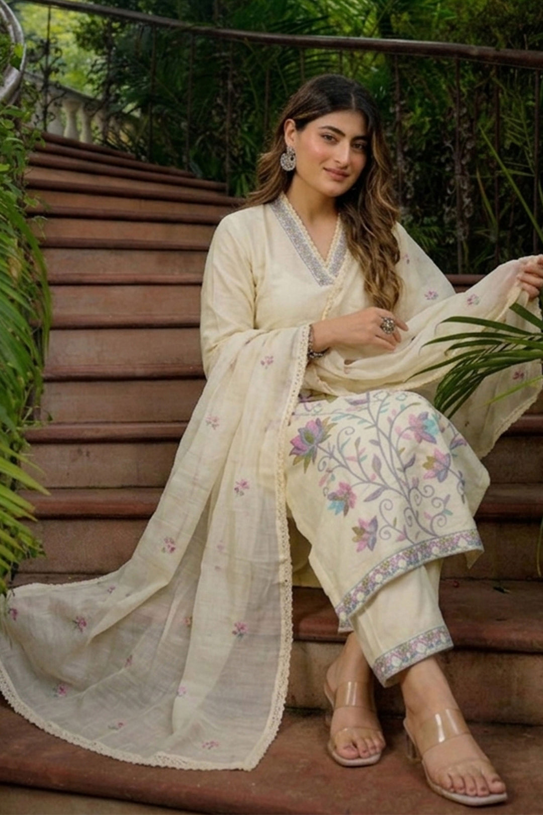 Cream Color Cotton Embroidered Readymade Salwar Suit