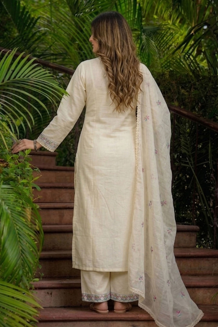 Cream Color Cotton Embroidered Readymade Salwar Suit