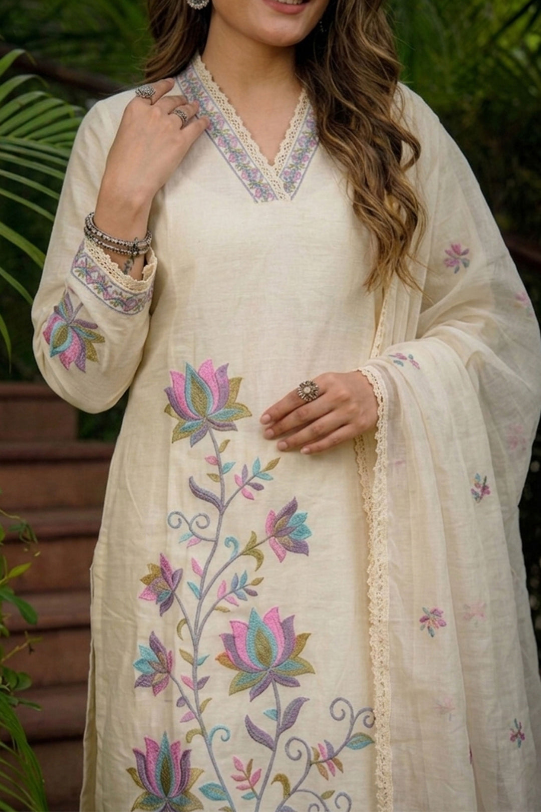 Cream Color Cotton Embroidered Readymade Salwar Suit