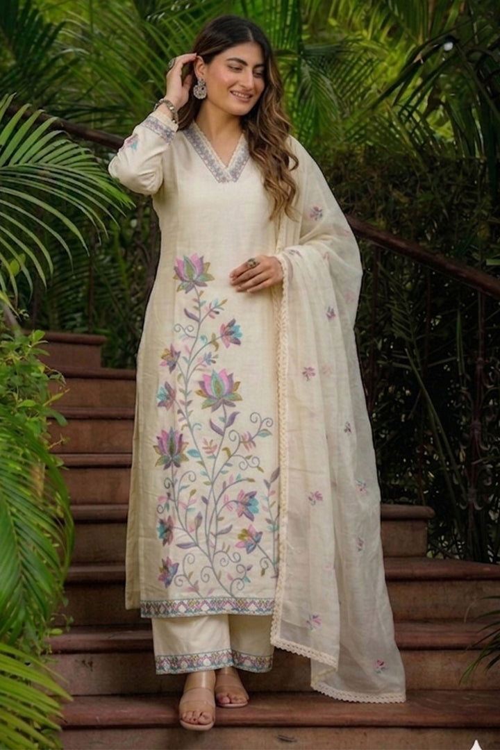 Cream Color Cotton Embroidered Readymade Salwar Suit
